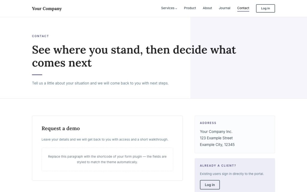 Kontur Pro contact page with the headline See where you stand, then decide what comes next, a Request a demo box with a styled area for the shortcode of any form plugin, an address card and an Already a client box with a Log in button.