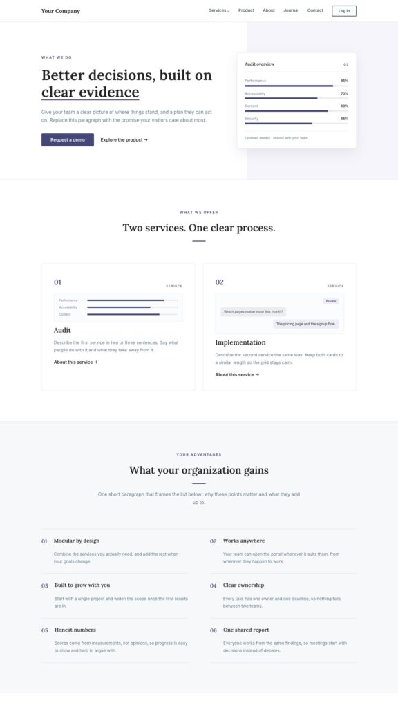 The Kontur Pro home page from the hero down: two service cards numbered 01 and 02 with small illustrations, a tinted band with six numbered advantages, an about teaser and three journal cards with images and dates.