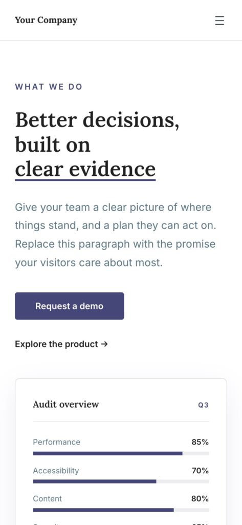 The Kontur Pro home page on a phone with the site title, a menu button, the hero headline, the lead text and the two buttons.