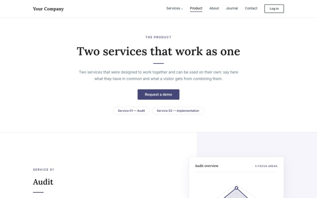 Kontur Pro page layout with the kicker The product, the centered headline Two services that work as one, a short lead, the button Request a demo, two chips linking to the services, and the first service section with an audit card below.
