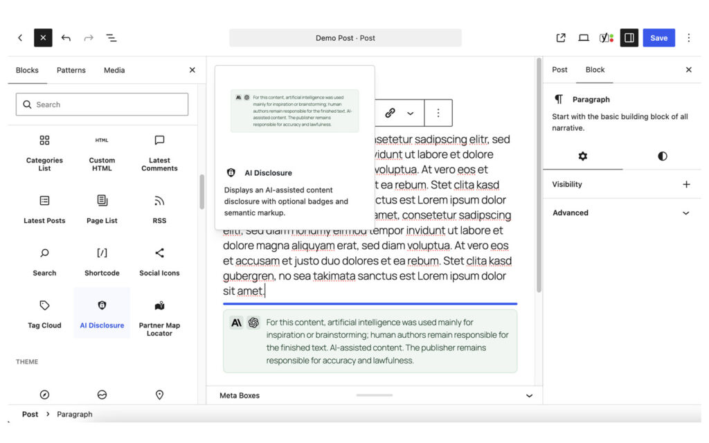 WordPress editor with the AI Disclosure block selected in the inserter and the rendered green notice under the post text.