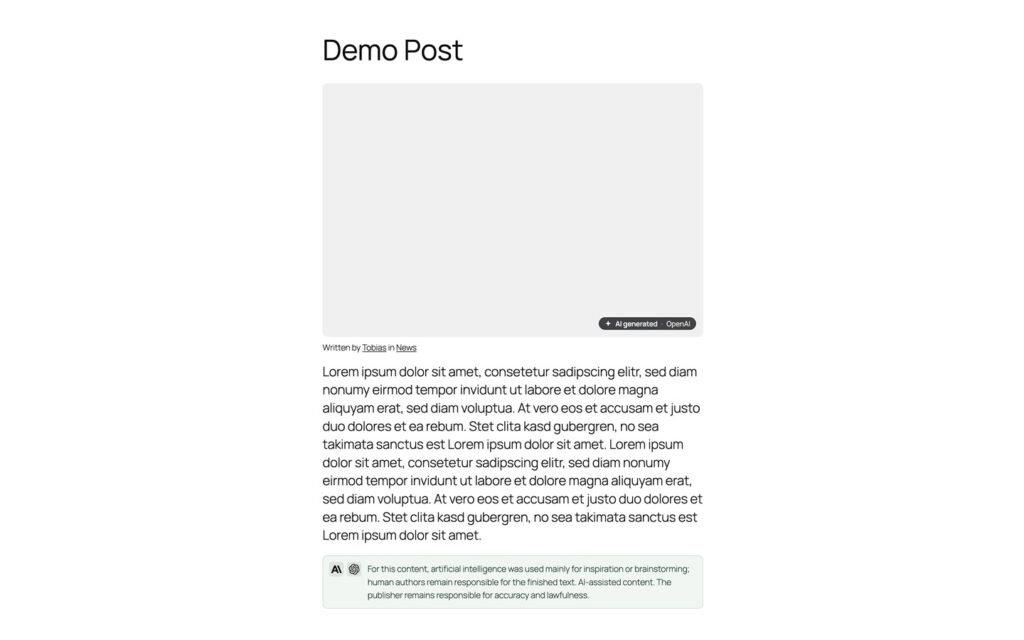 Published post with an AI generated pill on the featured image and the green disclosure card under the text.