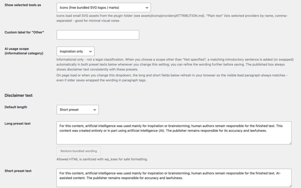 Settings for how tools appear, the AI usage scope set to inspiration only, and the long and short disclaimer text fields.