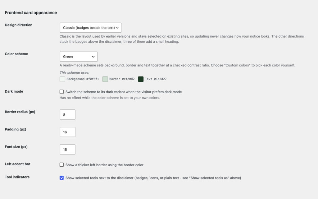 Card appearance settings with the design direction set to Classic and the green color scheme showing its three hex values.