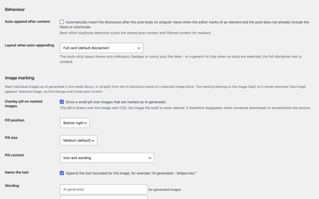Behavior settings for auto-appending the notice, above the image marking options with the overlay pill switched on.