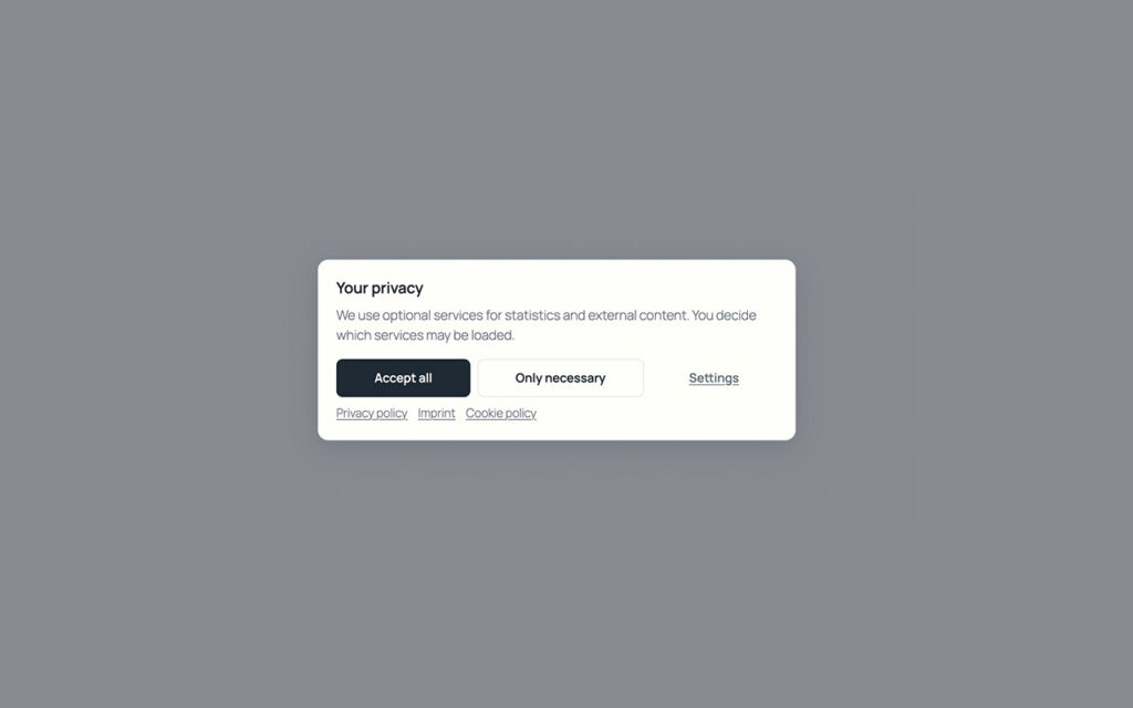 Compact consent card over a dimmed page with a short privacy note, an Accept all button, an Only necessary button and a Settings link.