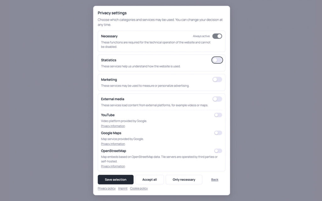 Privacy settings dialog with toggles for Necessary, Statistics, Marketing and External media, and single switches for YouTube, Google Maps and OpenStreetMap.