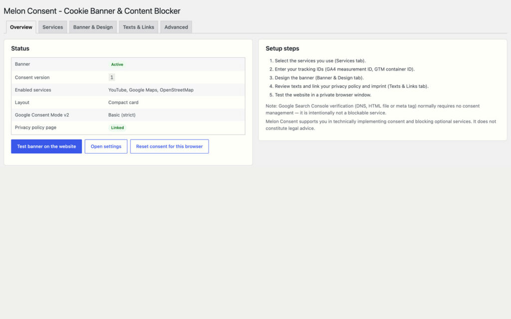 Admin overview with a status table showing banner active, consent version, enabled services, layout and Consent Mode, beside a numbered list of five setup steps.