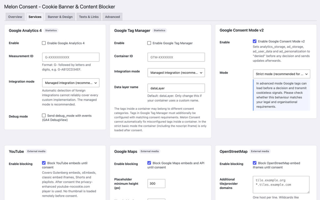 Services settings with Google Analytics 4, Google Tag Manager and Consent Mode v2 in the top row, and blocking switches for YouTube, Google Maps and OpenStreetMap below.