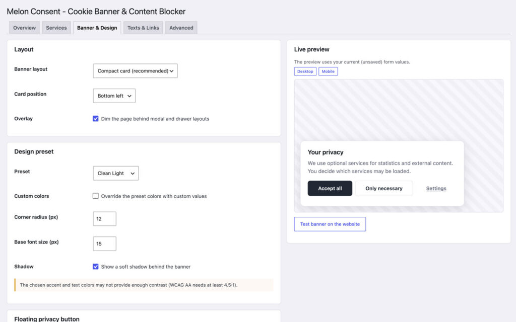 Layout and design settings for the consent banner beside a live preview of the card, with a switch between desktop and mobile view.