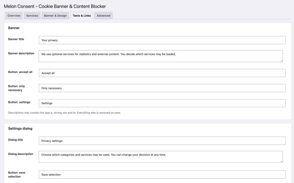 Text settings for the banner title, description and three buttons, and below them the same fields for the settings dialog.