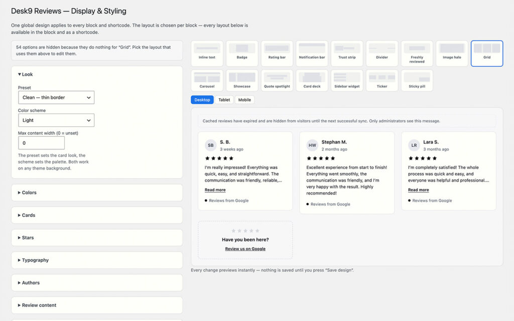 Display and styling screen with a look panel for preset and color scheme on the left, a gallery of sixteen layout thumbnails with Grid selected, a desktop, tablet and mobile switch, and a live preview showing three review cards and a card inviting visitors to review on Google.