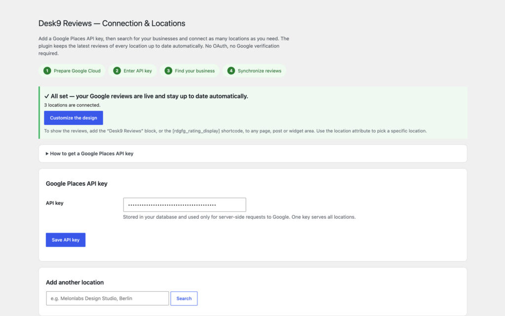 Connection and locations screen with four numbered setup steps, a green all-set box saying three locations are connected, a masked Google Places API key field with the note that one key serves all locations, and a search field to add another location.