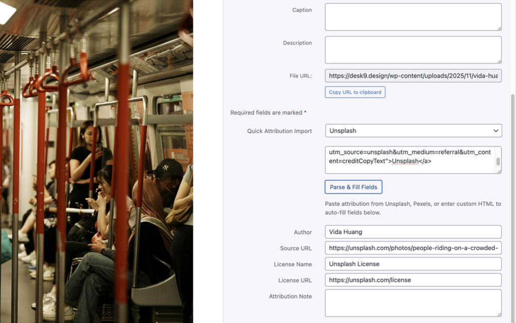 Attachment details in the WordPress media library with Quick Attribution Import set to Unsplash, a pasted credit snippet, a Parse and Fill Fields button, and the author, source URL, license name and license URL fields filled in.