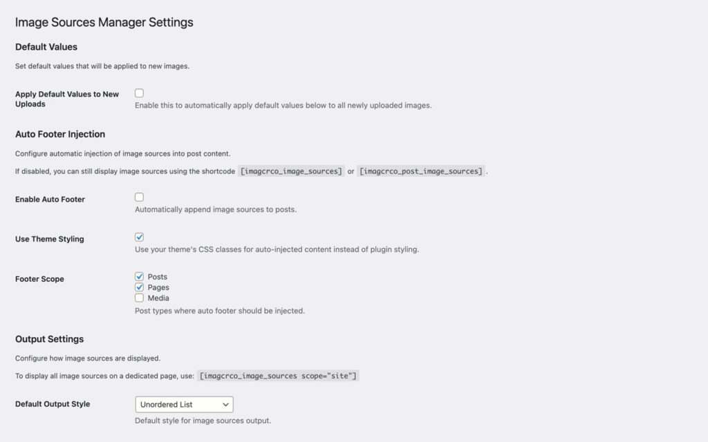 Plugin settings with a switch to apply default values to new uploads, the automatic footer with its post-type scope, and the default output style set to unordered list.