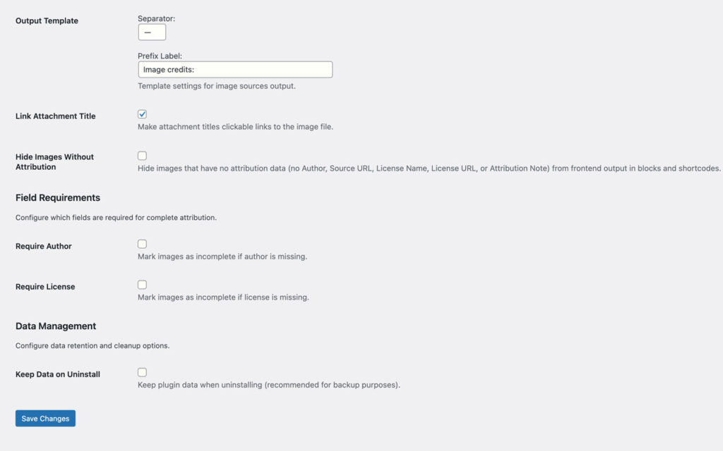 Plugin settings with separator and prefix label fields, switches to link attachment titles and hide images without attribution, required-field options for author and license, and a keep data on uninstall option.