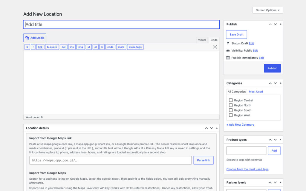 The Add New Location editor with a location details box that takes a Google Maps link and a Parse link button plus a business search, and a sidebar with publish, categories, product types and partner levels.