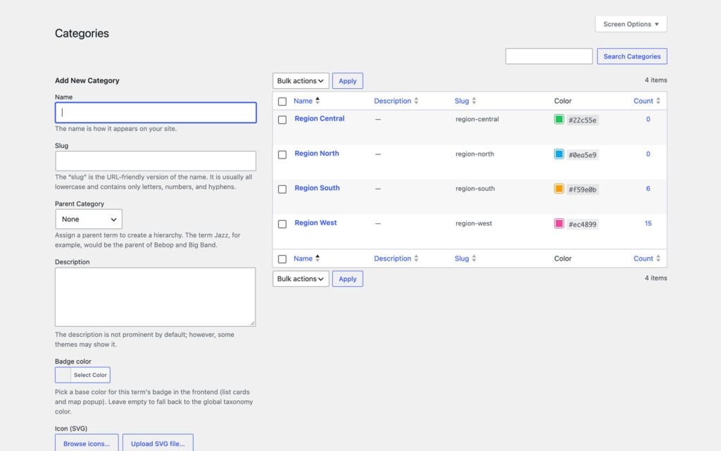 The Categories screen with a term form holding name, slug, parent category, description, a badge color picker and an SVG icon field with browse and upload buttons, next to four region terms with their hex colors and location counts.