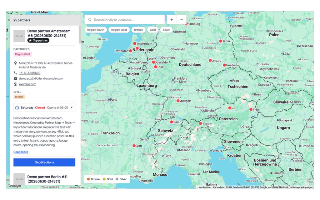 Store locator in Design 1 with a full-width map, a floating result list on the left showing a partner with photo, categories, address, phone, email, partner level, opening hours and a directions button, filter chips for regions and partner levels above the map, and a Bronze, Gold and Silver legend in the corner.
