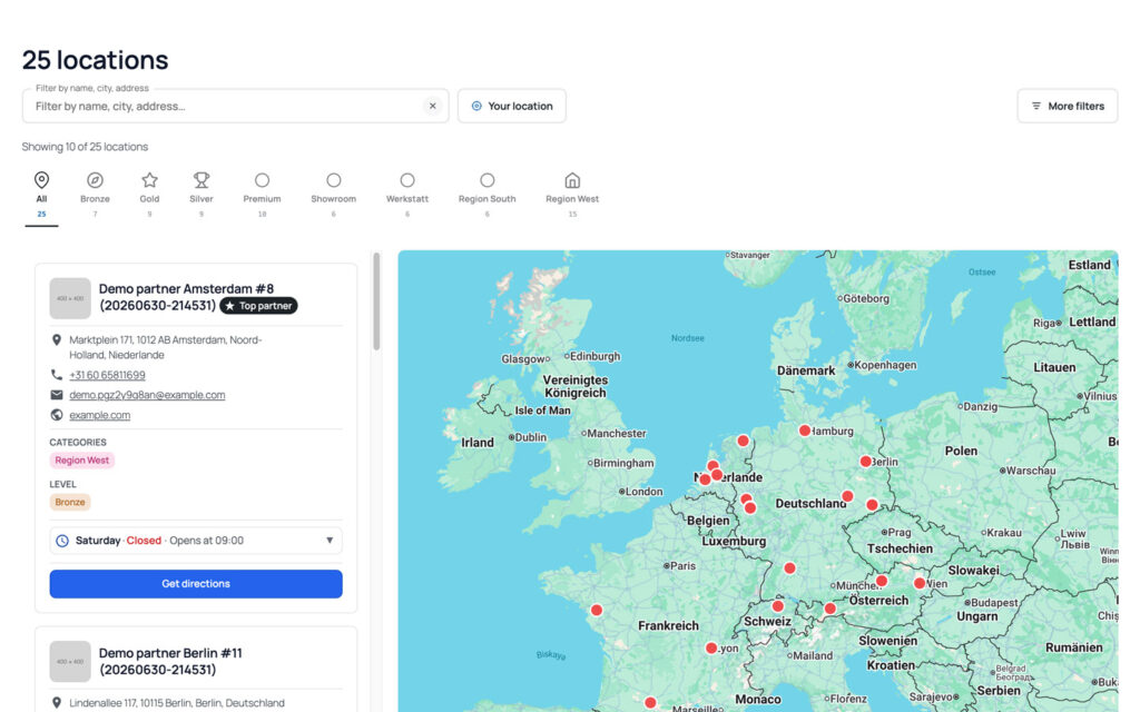 Split view with an icon-based quick-filter strip (All, Bronze, Gold, Silver, Premium, Showroom, Werkstatt, Region South and Region West, each with an outline icon and a count) above the partner list on the left and the map on the right.