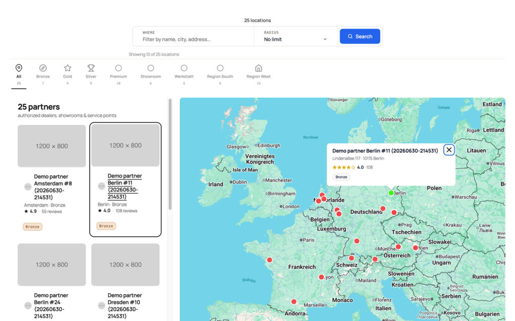 Airbnb-style locator with a pill search bar for place and radius, an icon filter strip, a two-column photo grid of partner cards showing name, city, partner level, rating and review count, and a map on the right with an open preview card for a Berlin partner.