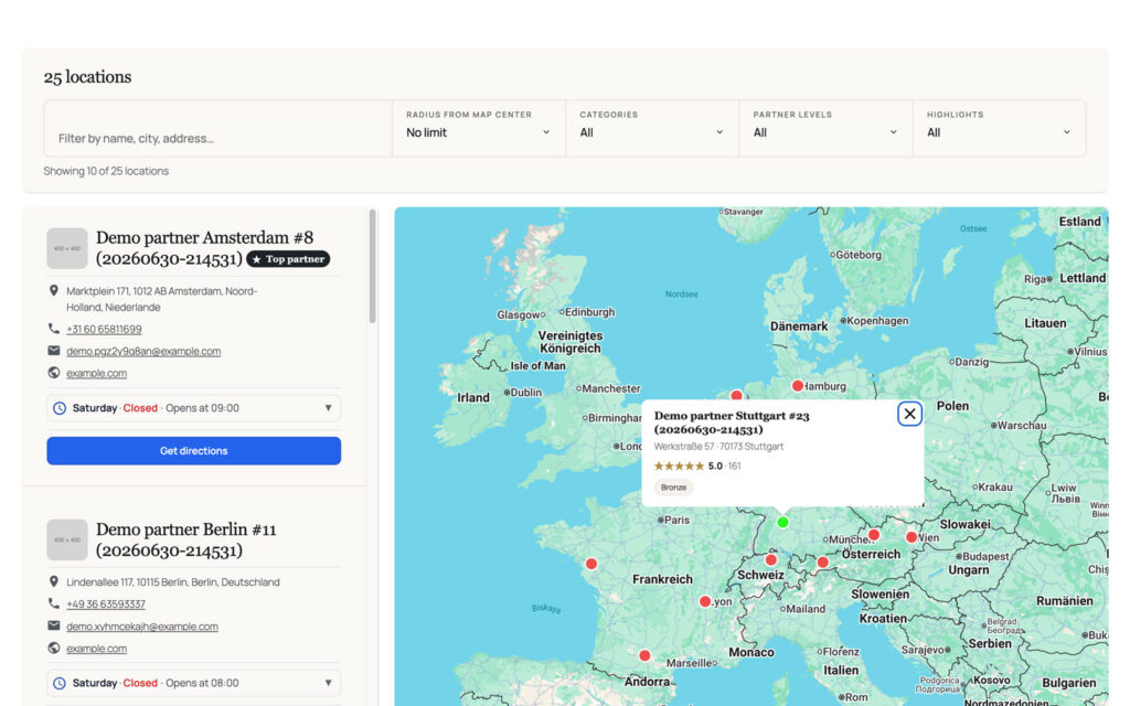 Split view with a filter bar holding a text filter, a radius-from-map-center selector and dropdowns for categories, partner levels and highlights, a counter reading Showing 10 of 25 locations, a partner list on the left and a map with an open popup on the right.