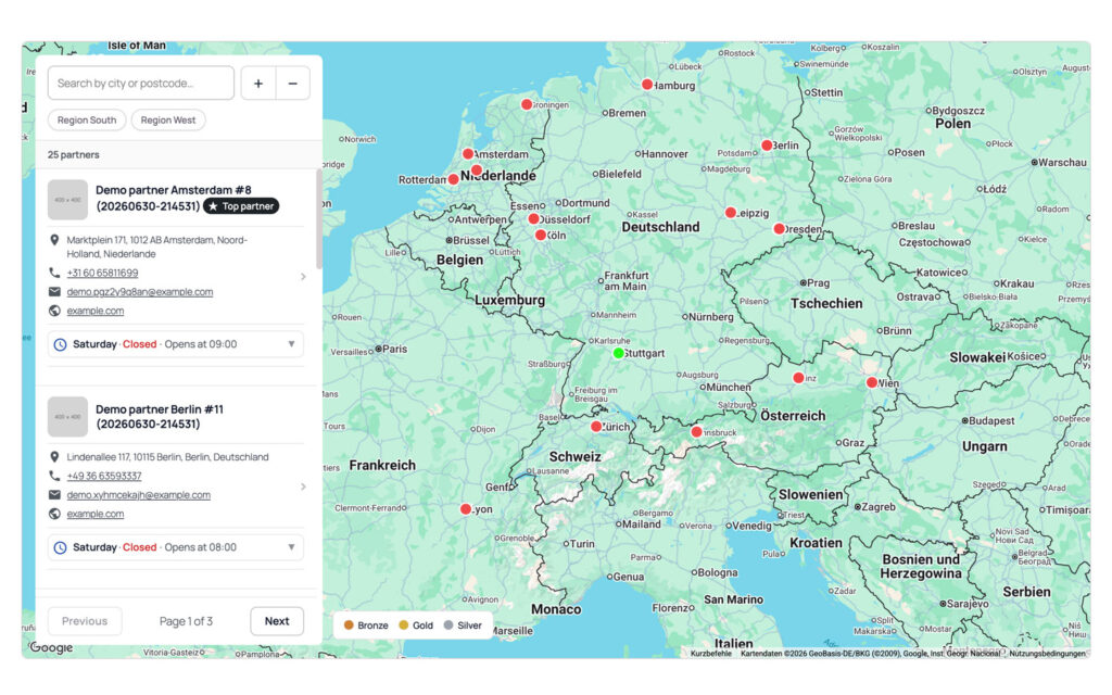 Store locator in Design 7 with a full-bleed map and a floating panel on the left holding its own search field, zoom buttons, category chips, partner cards with photo, address, phone, email, website and opening hours, and pager controls reading Page 1 of 3.
