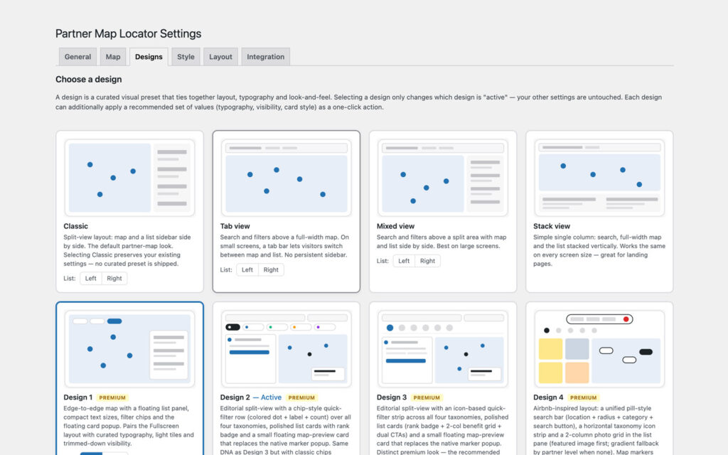 Designs tab showing a grid of design cards with wireframe previews and descriptions: Classic, Tab view, Mixed view and Stack view with left or right list toggles, and Design 1 to Design 4 marked Premium, with Design 2 labeled active.
