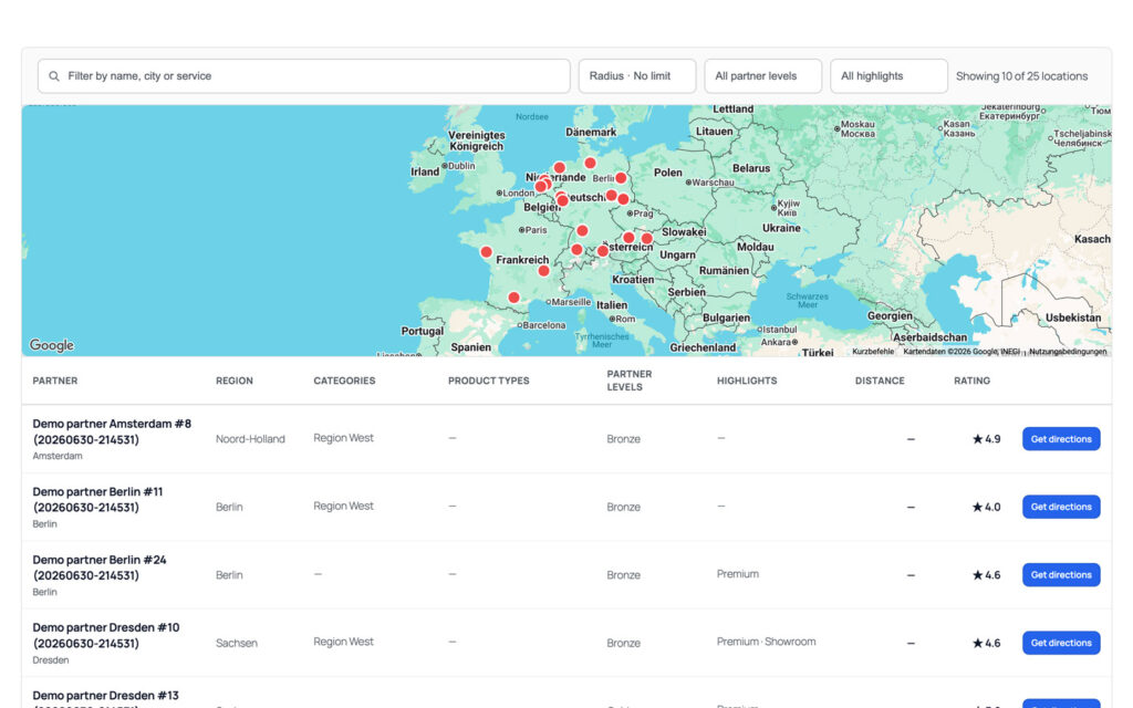 Table layout with a filter bar, a wide map band across the top and a sortable table below listing partner, region, categories, product types, partner levels, highlights, distance and rating, with a directions button on every row.