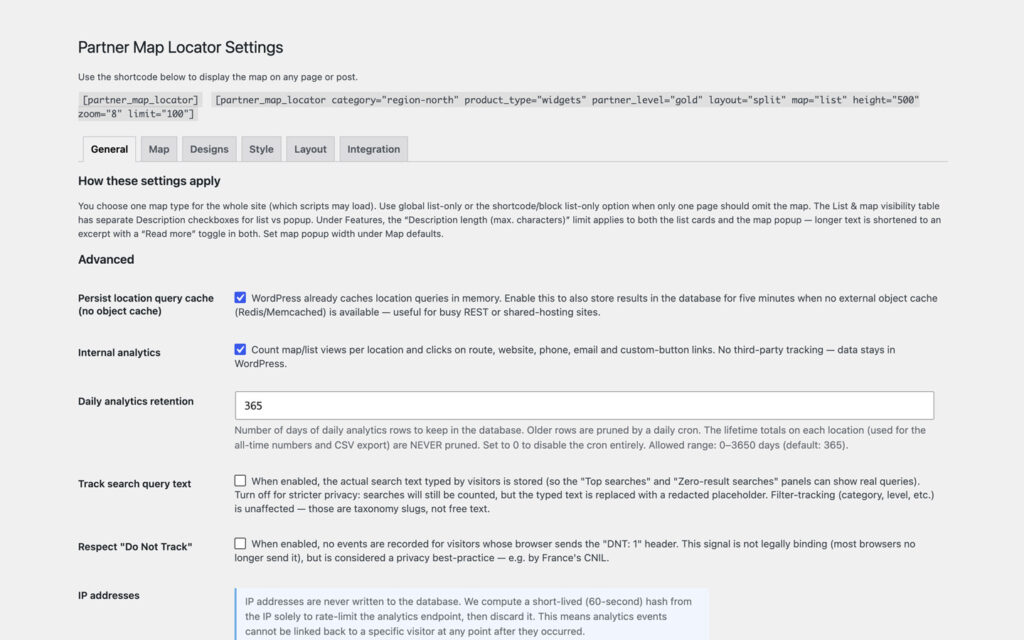 Partner Map Locator settings on the General tab, with the shortcode and a fully attributed example at the top and advanced options for query caching, internal analytics, an analytics retention of 365 days, search-text tracking, Do Not Track and a note that IP addresses are never written to the database.