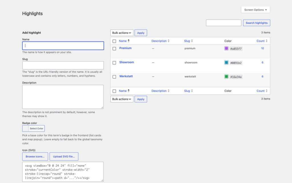 The Highlights screen with the terms Premium, Showroom and Werkstatt, their hex colors and counts, beside the term form with badge color and SVG icon fields.