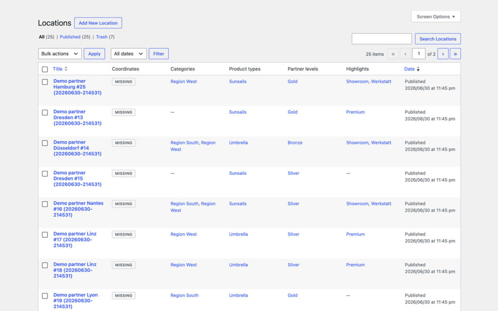 WordPress list table of twenty-five locations with columns for title, coordinates, categories, product types, partner levels, highlights and date.