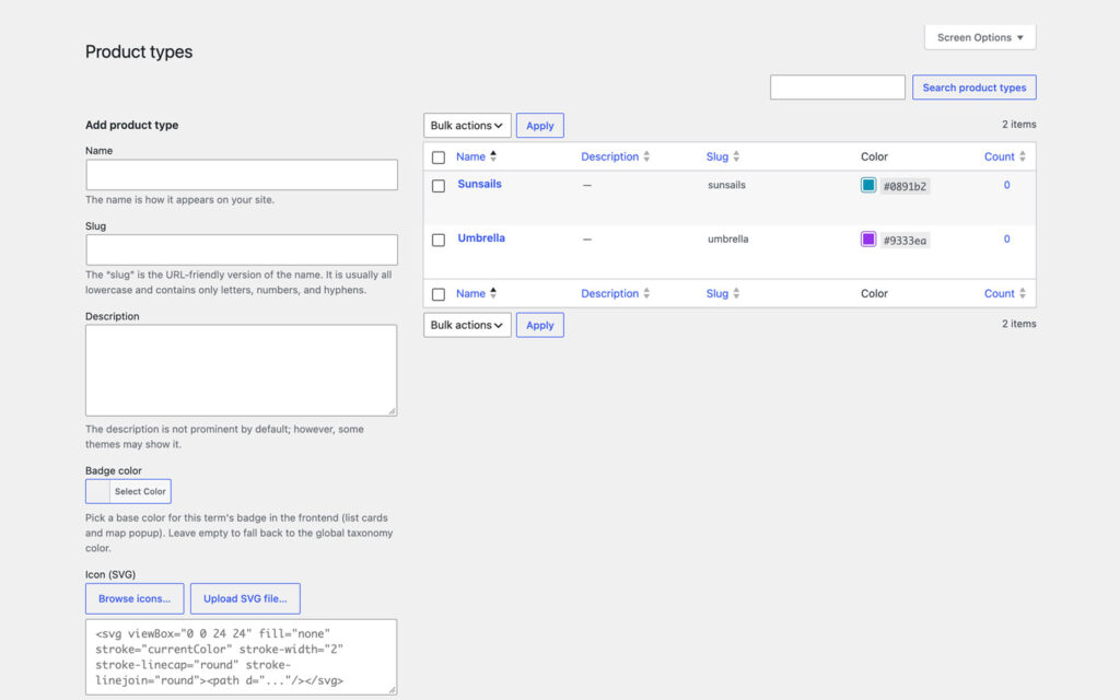 The Product types screen with the terms Sunsails and Umbrella, each with a hex color, beside the term form with badge color and SVG icon fields.