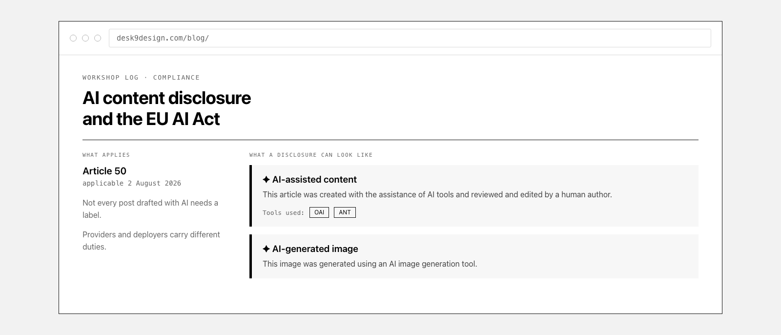Article 50 and its date beside two example disclosure notices, one for AI-assisted text and one for an AI-generated image.