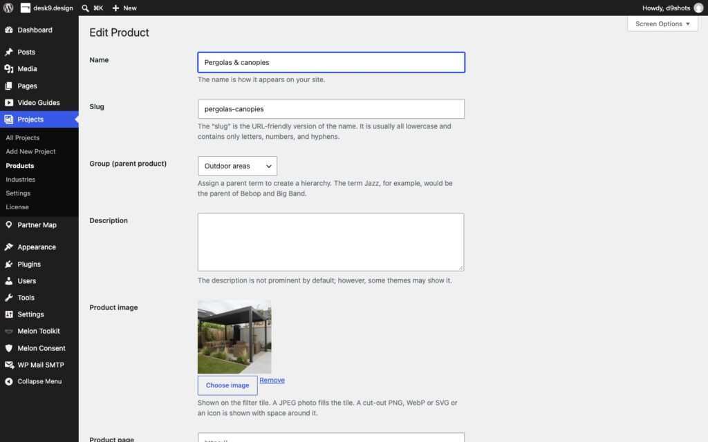 The Edit Product screen with name, slug, the group as parent product, description, the product image with a Choose image button and the product page link.