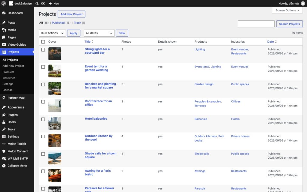 The Projects list in the WordPress admin with sixteen projects and columns for title, products, industries and date.