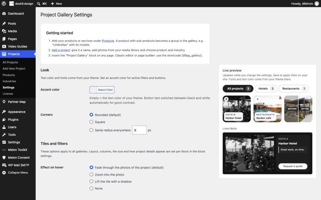 The Project Gallery Settings screen with the Getting started box, the accent color, the corner style and the hover effect options, and the live preview on the right showing filter buttons, three tiles including a before/after cover and the lightbox.