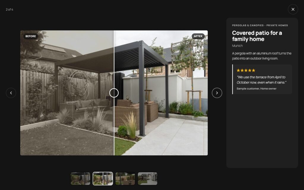 Lightbox with a before/after slider over a patio: the left half in gray before the pergola, the right half in color with the new pergola, labels Before and After, a slider handle in the middle, and the project details with a customer quote on the right.