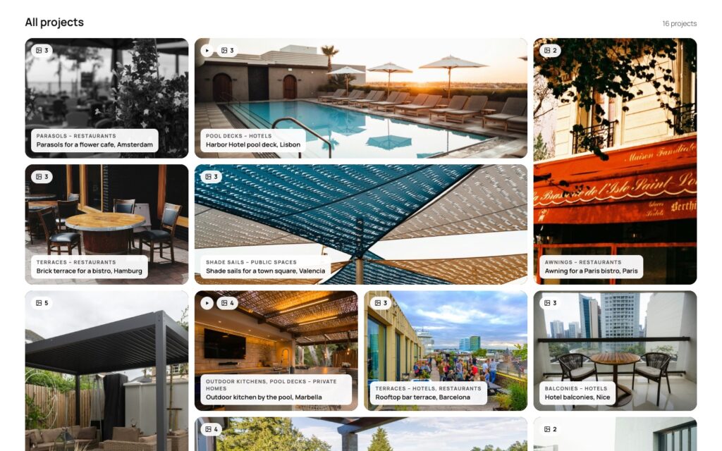 Grid layout with four columns and caption cards, the product filter as slim buttons instead of picture tiles.
