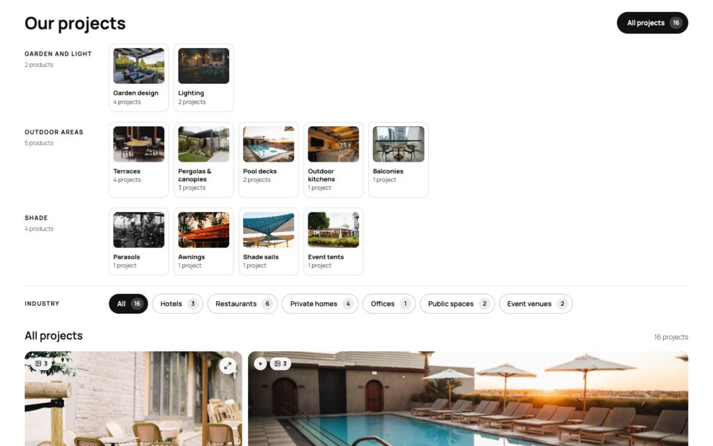 Product filter with picture tiles in three groups: Garden and light with Garden design and Lighting, Outdoor areas with Terraces, Pergolas and canopies, Pool decks, Outdoor kitchens and Balconies, and Shade with Parasols, Awnings, Shade sails and Event tents, each tile with a photo and its project count.