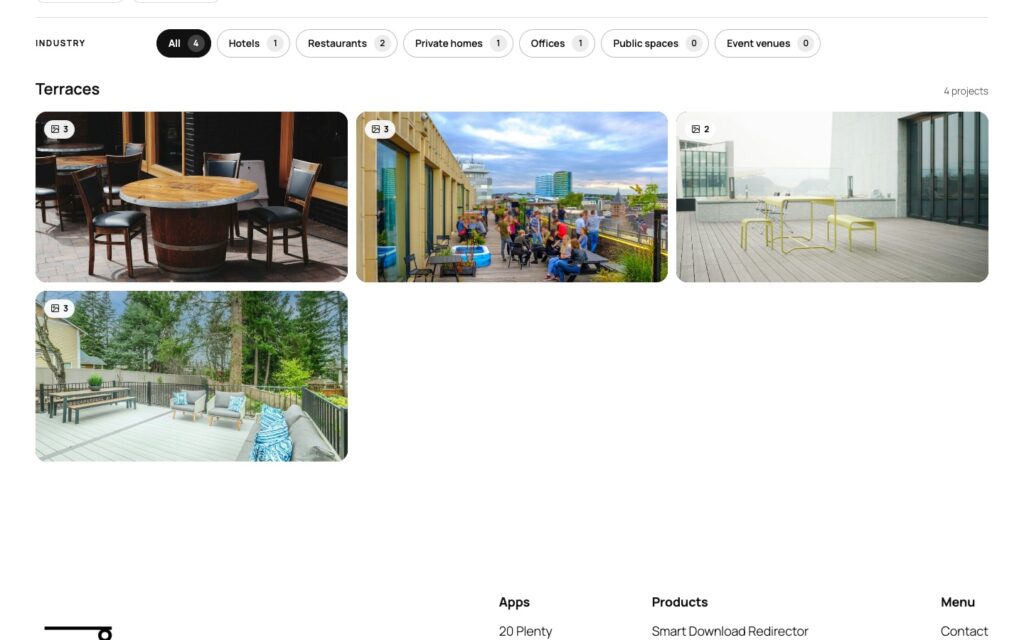 The gallery filtered by the product Terraces through a deep link, with the industry filter and the four matching projects.