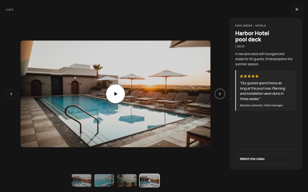 Lightbox on slide 4 of 4 with the video cover of a pool deck, a play button in the middle, the video thumbnail in the strip and the project details with the customer quote on the right.