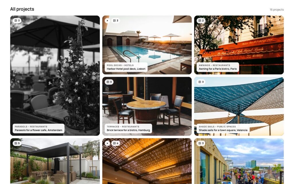 Masonry layout with sixteen project photos in their own shapes across three columns, each with a caption card showing product, industry, name and place.