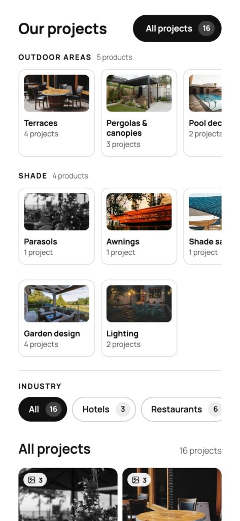 The project gallery on a phone with swipeable product tiles in their groups, the industry filter row and the first project tiles.