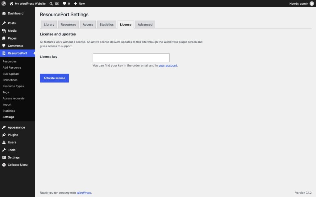 The License tab of the settings with the license key field and the Activate license button.