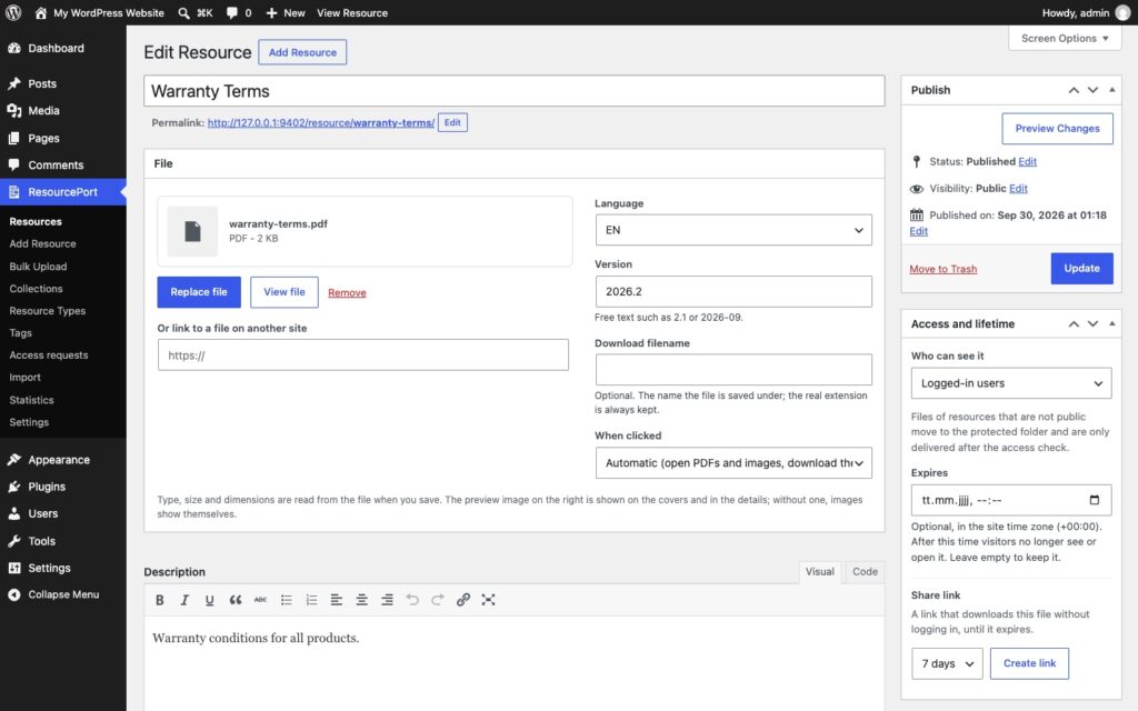 The resource edit screen with the File panel holding the PDF, Replace file, View file and a field for a file on another site, language, version, download filename and what a click does, the description, and the Access and lifetime box with Who can see it set to Logged-in users, an expiry date and a share link.
