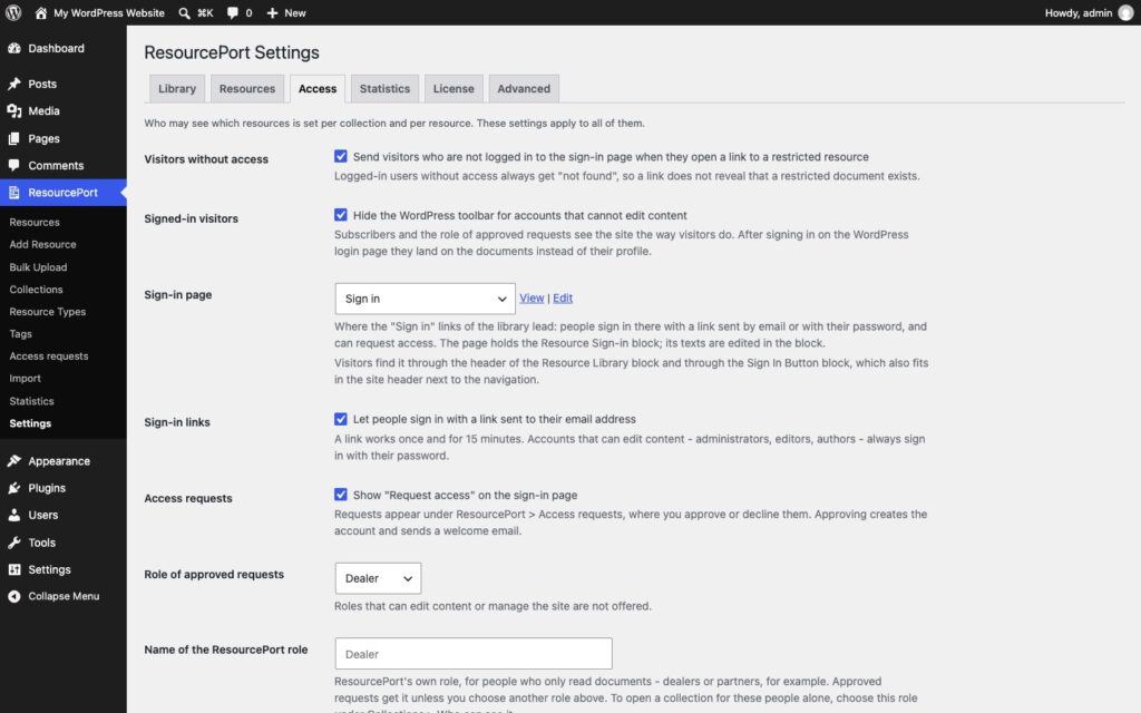 The Access tab of the settings: send visitors without access to the sign-in page, hide the WordPress toolbar for accounts that cannot edit content, the sign-in page, sign-in links by email, access requests and the role of approved requests.