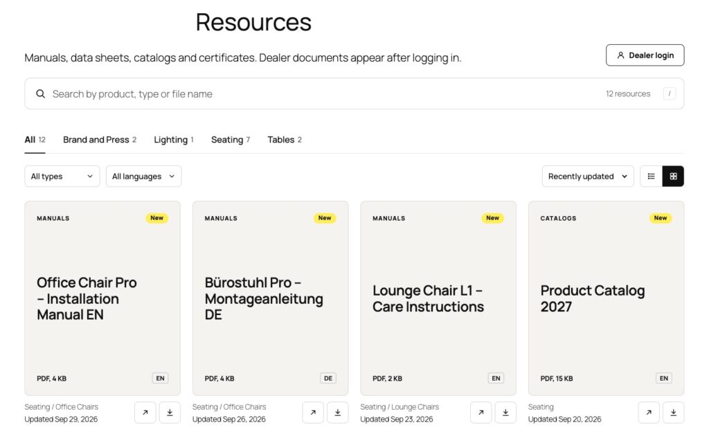 The library in the covers view: one cover per document with its type, a New badge, the title, file size and language, and the collection, date and buttons under each cover.