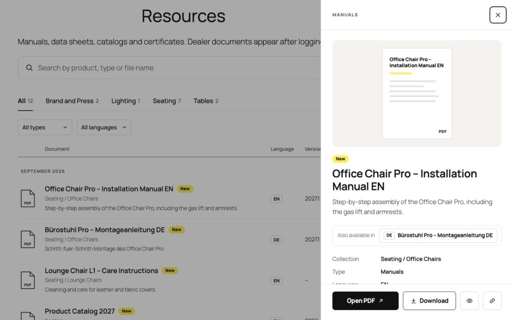 The details panel of a document sliding in from the right: a preview of the PDF, the New badge, title, description, Also available in with the German version, collection, type and language, and Open PDF, Download, preview and copy link buttons.