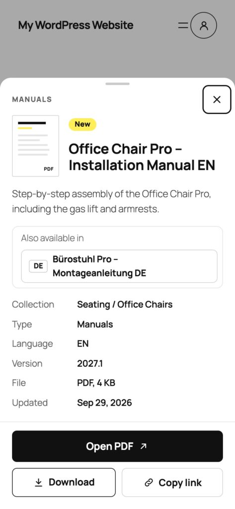 The details sheet on a phone with the preview, New badge, title, description, the German version under Also available in, the facts and the Open PDF, Download and Copy link buttons.